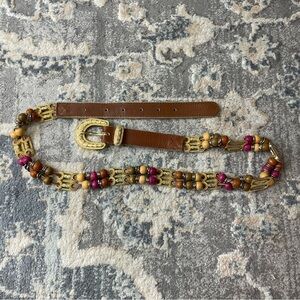 Express Beaded Vintage Leather Belt - Brown and Pink